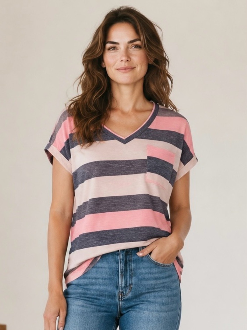 SHEIN Striped V-Neck Pocket Tee in Pink, Charcoal & Cream